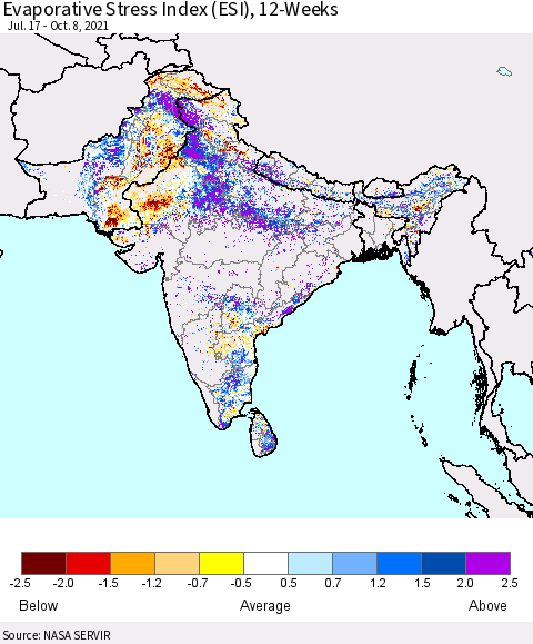 Southern Asia Evaporative Stress Index (ESI), 12-Weeks Thematic Map For 10/4/2021 - 10/10/2021