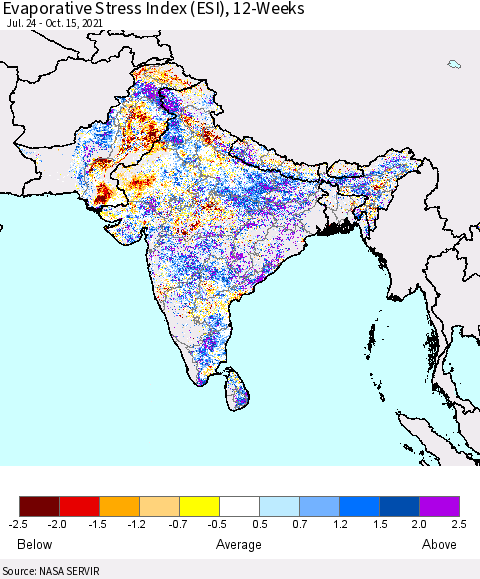 Southern Asia Evaporative Stress Index (ESI), 12-Weeks Thematic Map For 10/11/2021 - 10/17/2021