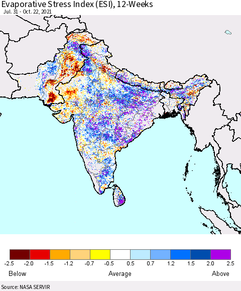 Southern Asia Evaporative Stress Index 12-Weeks (ESI) Thematic Map For 10/18/2021 - 10/24/2021