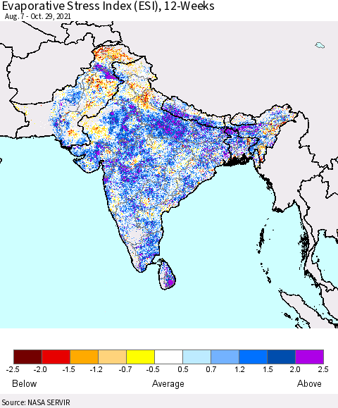 Southern Asia Evaporative Stress Index 12-Weeks (ESI) Thematic Map For 10/25/2021 - 10/31/2021