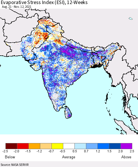 Southern Asia Evaporative Stress Index 12-Weeks (ESI) Thematic Map For 11/8/2021 - 11/14/2021