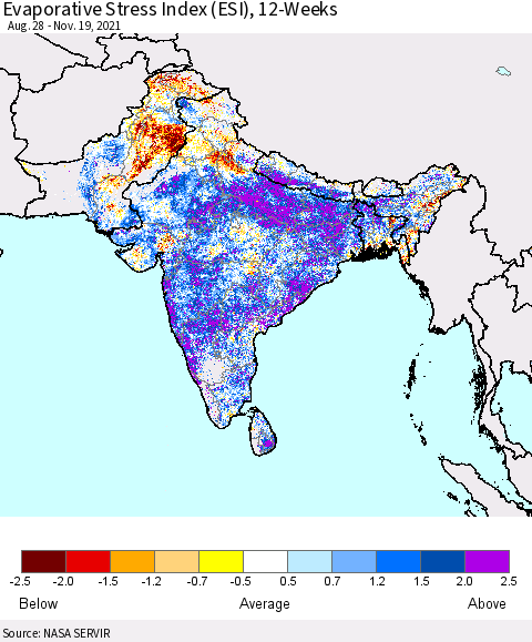 Southern Asia Evaporative Stress Index (ESI), 12-Weeks Thematic Map For 11/15/2021 - 11/21/2021
