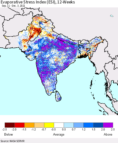 Southern Asia Evaporative Stress Index (ESI), 12-Weeks Thematic Map For 11/29/2021 - 12/5/2021