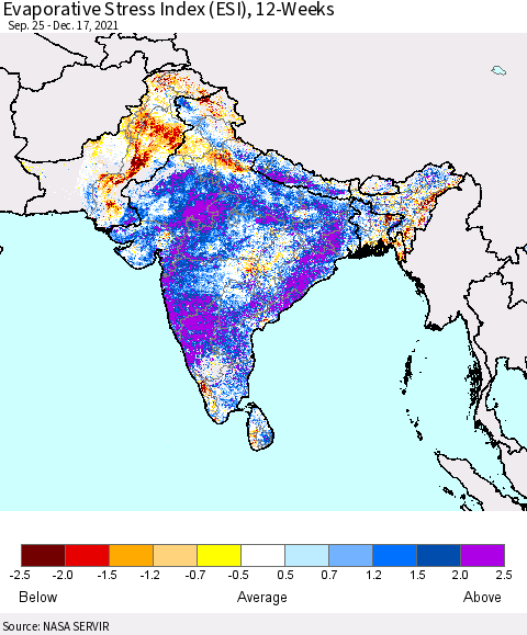 Southern Asia Evaporative Stress Index (ESI), 12-Weeks Thematic Map For 12/13/2021 - 12/19/2021