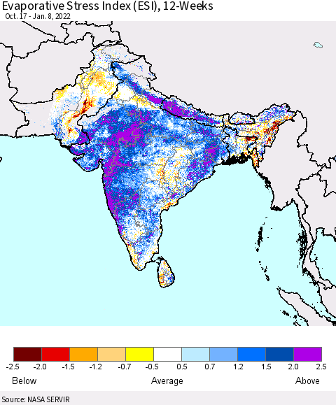 Southern Asia Evaporative Stress Index (ESI), 12-Weeks Thematic Map For 1/3/2022 - 1/9/2022