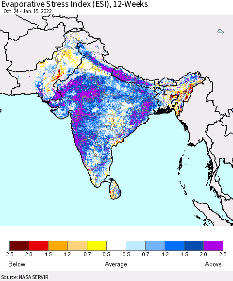 Southern Asia Evaporative Stress Index (ESI), 12-Weeks Thematic Map For 1/10/2022 - 1/16/2022