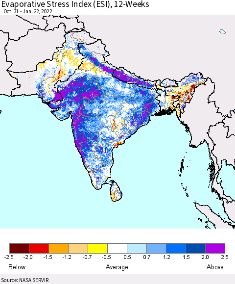 Southern Asia Evaporative Stress Index (ESI), 12-Weeks Thematic Map For 1/17/2022 - 1/23/2022