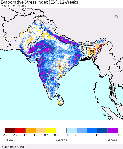 Southern Asia Evaporative Stress Index (ESI), 12-Weeks Thematic Map For 1/24/2022 - 1/30/2022