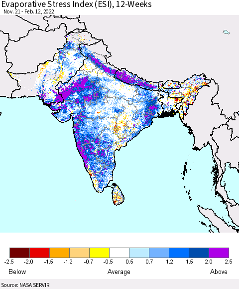 Southern Asia Evaporative Stress Index (ESI), 12-Weeks Thematic Map For 2/7/2022 - 2/13/2022