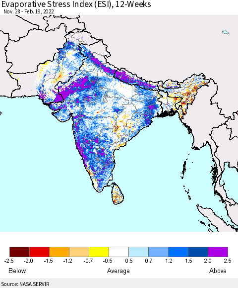 Southern Asia Evaporative Stress Index (ESI), 12-Weeks Thematic Map For 2/14/2022 - 2/20/2022