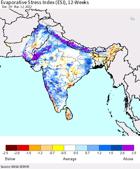 Southern Asia Evaporative Stress Index (ESI), 12-Weeks Thematic Map For 3/7/2022 - 3/13/2022