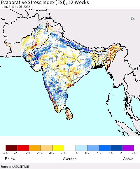 Southern Asia Evaporative Stress Index (ESI), 12-Weeks Thematic Map For 3/21/2022 - 3/27/2022