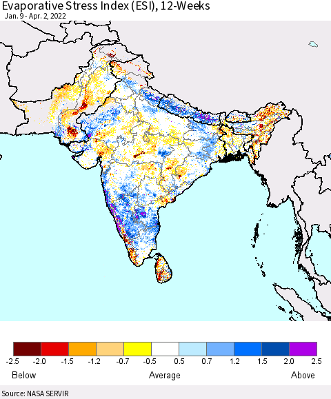 Southern Asia Evaporative Stress Index (ESI), 12-Weeks Thematic Map For 3/28/2022 - 4/3/2022