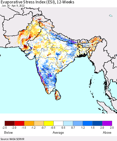 Southern Asia Evaporative Stress Index (ESI), 12-Weeks Thematic Map For 4/4/2022 - 4/10/2022