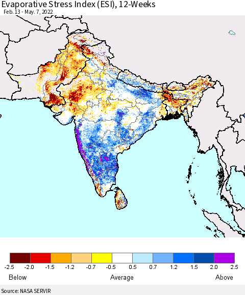 Southern Asia Evaporative Stress Index (ESI), 12-Weeks Thematic Map For 5/2/2022 - 5/8/2022