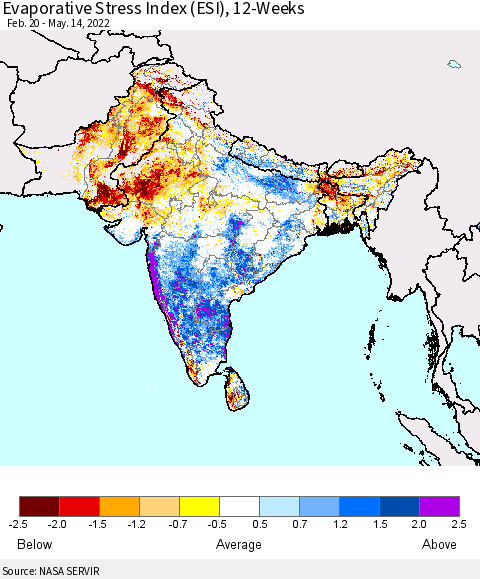 Southern Asia Evaporative Stress Index (ESI), 12-Weeks Thematic Map For 5/9/2022 - 5/15/2022