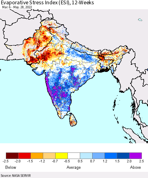 Southern Asia Evaporative Stress Index (ESI), 12-Weeks Thematic Map For 5/23/2022 - 5/29/2022