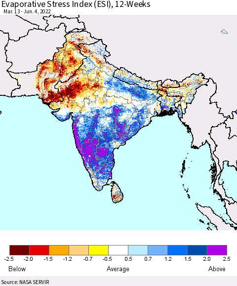 Southern Asia Evaporative Stress Index (ESI), 12-Weeks Thematic Map For 5/30/2022 - 6/5/2022