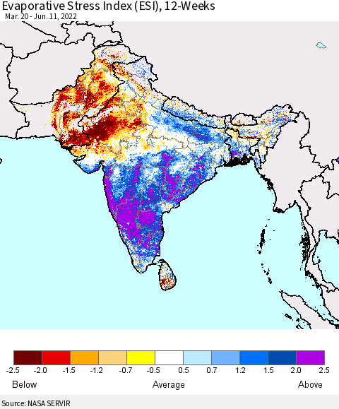 Southern Asia Evaporative Stress Index (ESI), 12-Weeks Thematic Map For 6/6/2022 - 6/12/2022