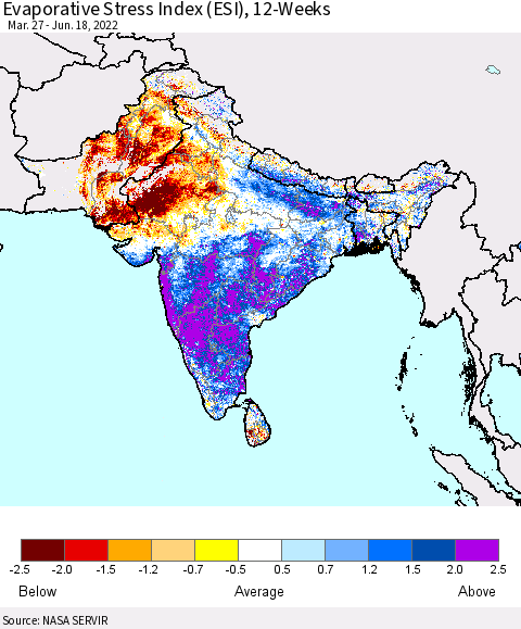 Southern Asia Evaporative Stress Index (ESI), 12-Weeks Thematic Map For 6/13/2022 - 6/19/2022