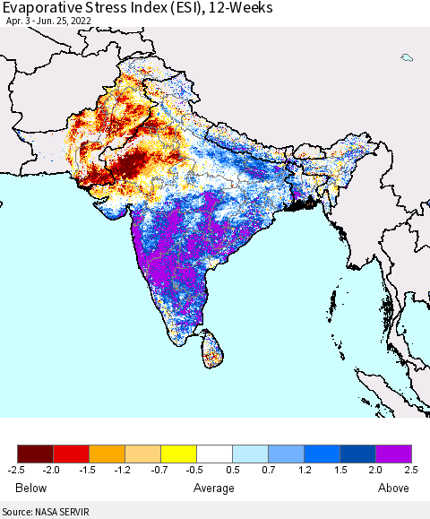 Southern Asia Evaporative Stress Index (ESI), 12-Weeks Thematic Map For 6/20/2022 - 6/26/2022