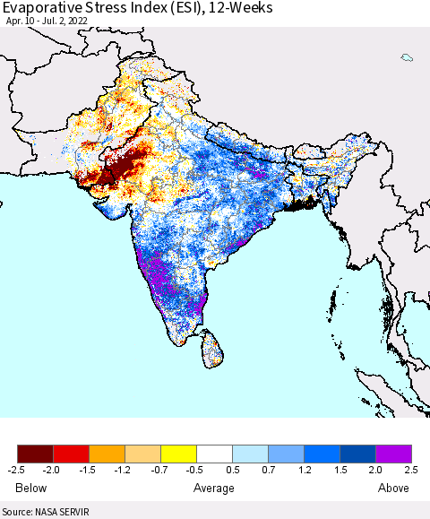 Southern Asia Evaporative Stress Index (ESI), 12-Weeks Thematic Map For 6/27/2022 - 7/3/2022