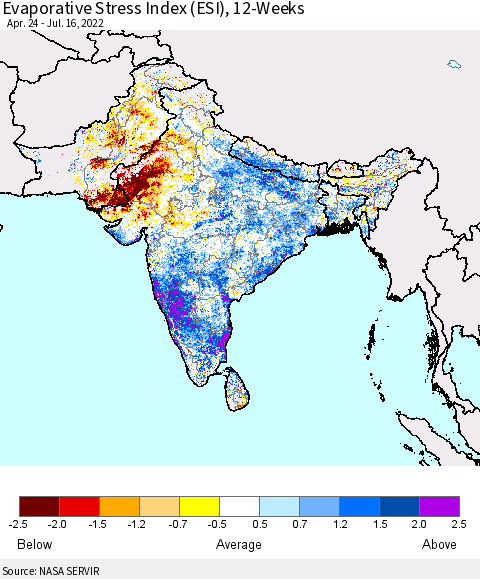 Southern Asia Evaporative Stress Index (ESI), 12-Weeks Thematic Map For 7/11/2022 - 7/17/2022