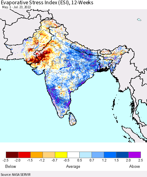 Southern Asia Evaporative Stress Index (ESI), 12-Weeks Thematic Map For 7/18/2022 - 7/24/2022