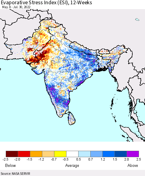Southern Asia Evaporative Stress Index (ESI), 12-Weeks Thematic Map For 7/25/2022 - 7/31/2022