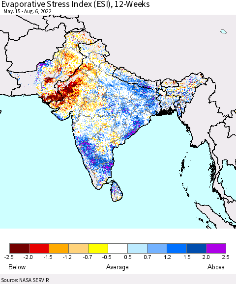 Southern Asia Evaporative Stress Index (ESI), 12-Weeks Thematic Map For 8/1/2022 - 8/7/2022