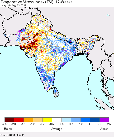 Southern Asia Evaporative Stress Index (ESI), 12-Weeks Thematic Map For 8/8/2022 - 8/14/2022
