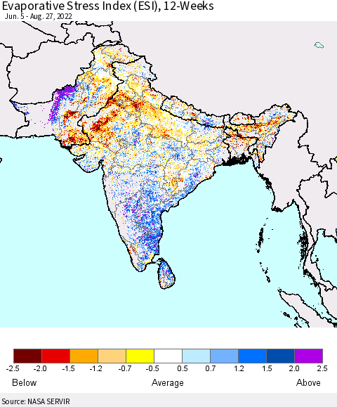 Southern Asia Evaporative Stress Index (ESI), 12-Weeks Thematic Map For 8/22/2022 - 8/28/2022
