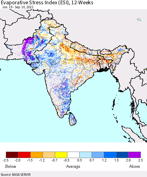 Southern Asia Evaporative Stress Index (ESI), 12-Weeks Thematic Map For 9/5/2022 - 9/11/2022