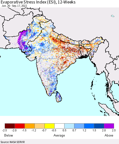 Southern Asia Evaporative Stress Index (ESI), 12-Weeks Thematic Map For 9/12/2022 - 9/18/2022