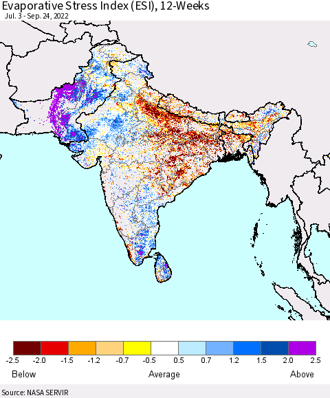 Southern Asia Evaporative Stress Index (ESI), 12-Weeks Thematic Map For 9/19/2022 - 9/25/2022