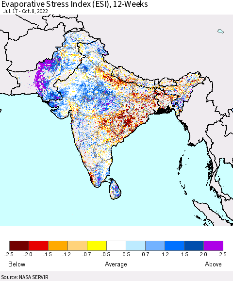 Southern Asia Evaporative Stress Index (ESI), 12-Weeks Thematic Map For 10/3/2022 - 10/9/2022