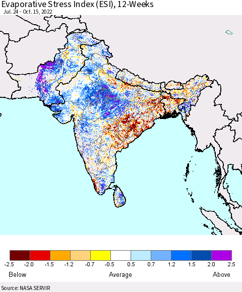 Southern Asia Evaporative Stress Index (ESI), 12-Weeks Thematic Map For 10/10/2022 - 10/16/2022