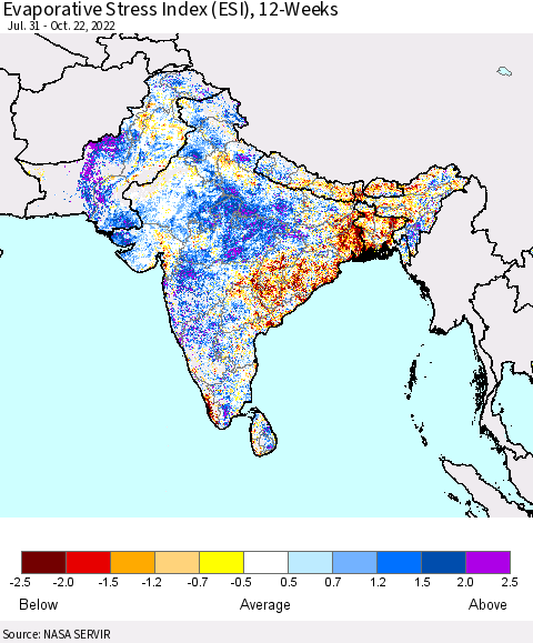 Southern Asia Evaporative Stress Index (ESI), 12-Weeks Thematic Map For 10/17/2022 - 10/23/2022