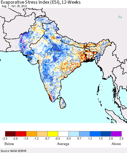 Southern Asia Evaporative Stress Index (ESI), 12-Weeks Thematic Map For 10/24/2022 - 10/30/2022