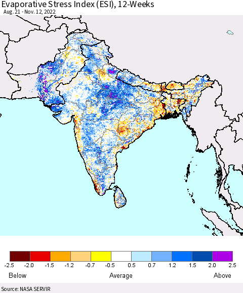 Southern Asia Evaporative Stress Index (ESI), 12-Weeks Thematic Map For 11/7/2022 - 11/13/2022