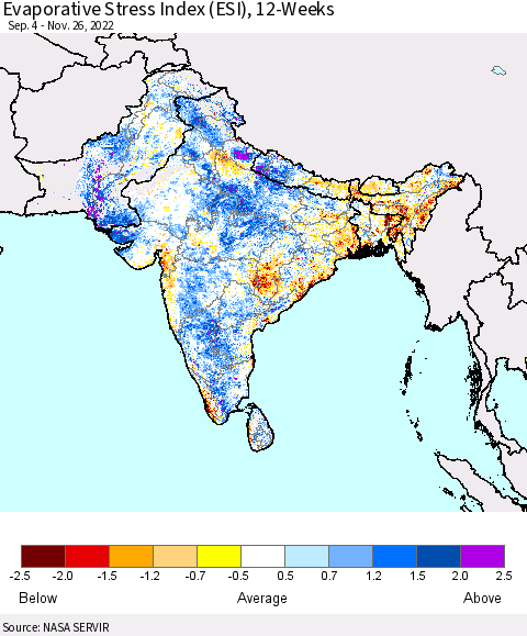 Southern Asia Evaporative Stress Index (ESI), 12-Weeks Thematic Map For 11/21/2022 - 11/27/2022