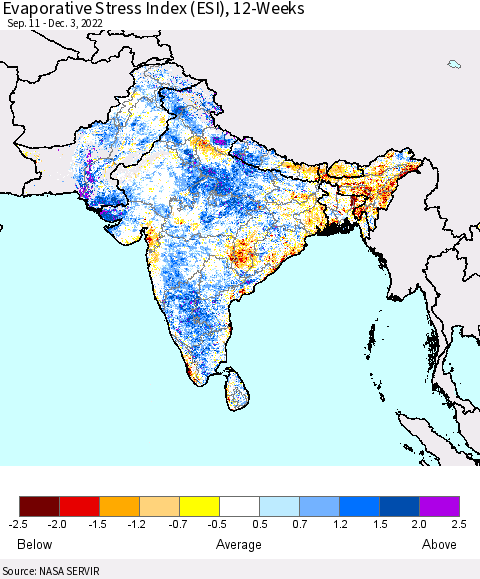Southern Asia Evaporative Stress Index (ESI), 12-Weeks Thematic Map For 11/28/2022 - 12/4/2022