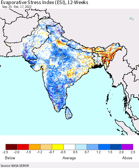 Southern Asia Evaporative Stress Index (ESI), 12-Weeks Thematic Map For 12/12/2022 - 12/18/2022