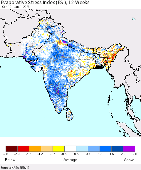 Southern Asia Evaporative Stress Index (ESI), 12-Weeks Thematic Map For 12/26/2022 - 1/1/2023