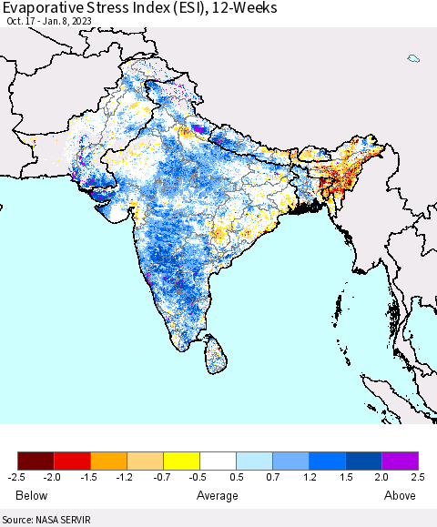 Southern Asia Evaporative Stress Index (ESI), 12-Weeks Thematic Map For 1/2/2023 - 1/8/2023