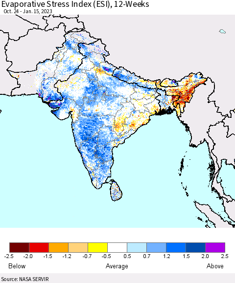Southern Asia Evaporative Stress Index (ESI), 12-Weeks Thematic Map For 1/9/2023 - 1/15/2023