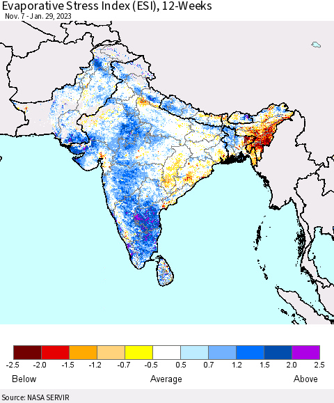 Southern Asia Evaporative Stress Index (ESI), 12-Weeks Thematic Map For 1/23/2023 - 1/29/2023