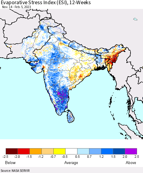 Southern Asia Evaporative Stress Index (ESI), 12-Weeks Thematic Map For 1/30/2023 - 2/5/2023