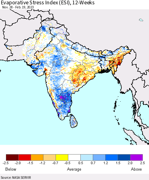 Southern Asia Evaporative Stress Index (ESI), 12-Weeks Thematic Map For 2/13/2023 - 2/19/2023