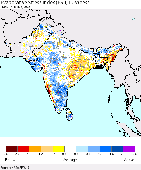 Southern Asia Evaporative Stress Index (ESI), 12-Weeks Thematic Map For 2/27/2023 - 3/5/2023